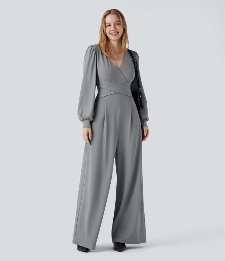 V-neck Puff Long Sleeve Crossover Work Jumpsuit with Pockets-Easy Peezy