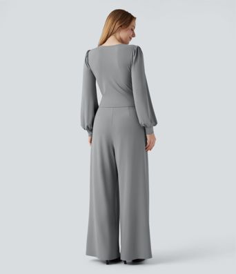 V-neck Puff Long Sleeve Crossover Work Jumpsuit with Pockets-Easy Peezy