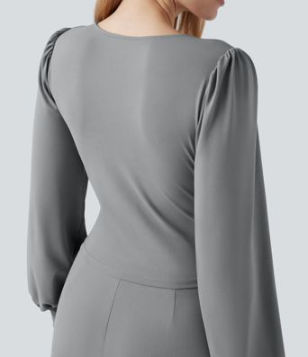 V-neck Puff Long Sleeve Crossover Work Jumpsuit with Pockets-Easy Peezy