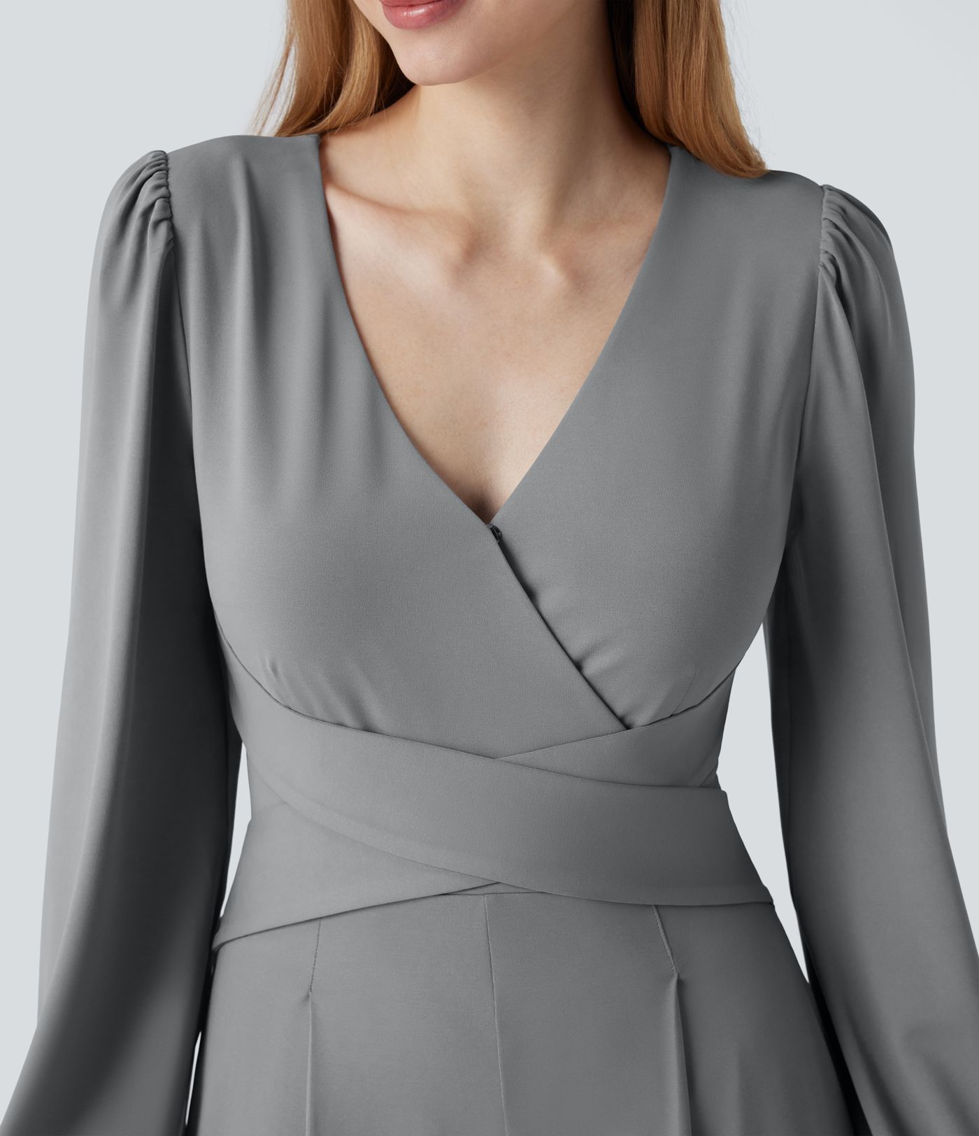 V-neck Puff Long Sleeve Crossover Work Jumpsuit with Pockets-Easy Peezy