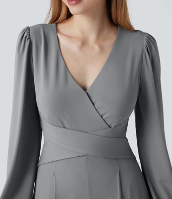 V-neck Puff Long Sleeve Crossover Work Jumpsuit with Pockets-Easy Peezy