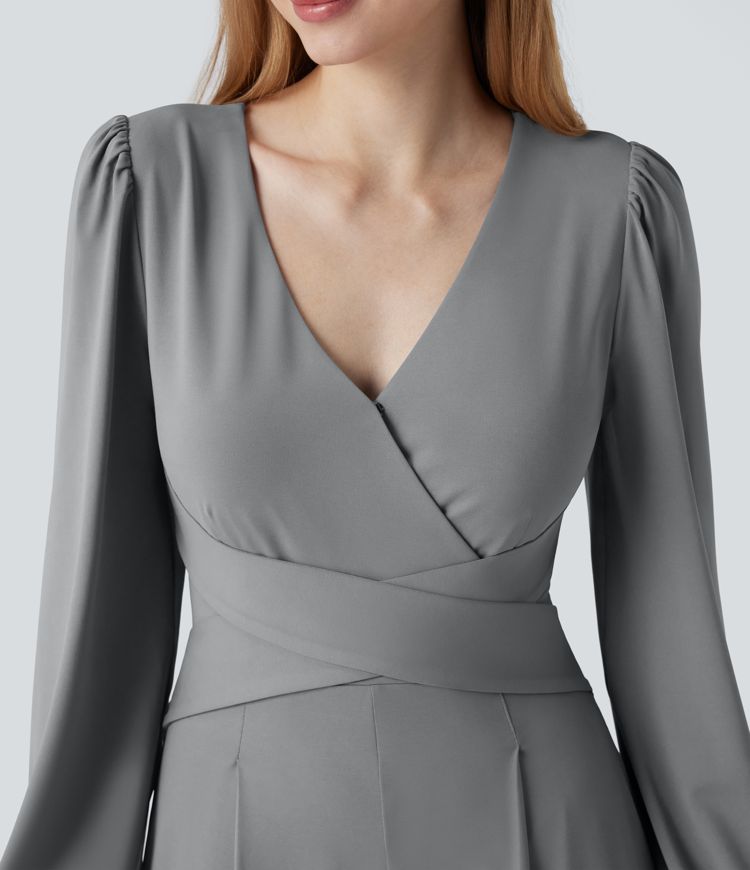 V-neck Puff Long Sleeve Crossover Work Jumpsuit with Pockets-Easy Peezy