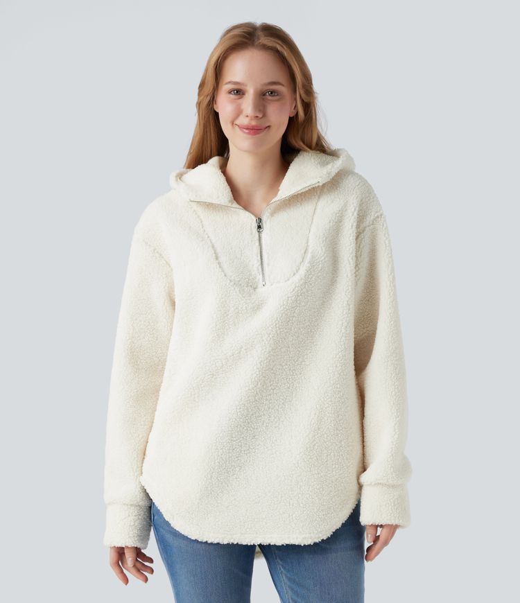 Sherpa oversized sweatshirt with hood and half zip with rounded hem and pockets