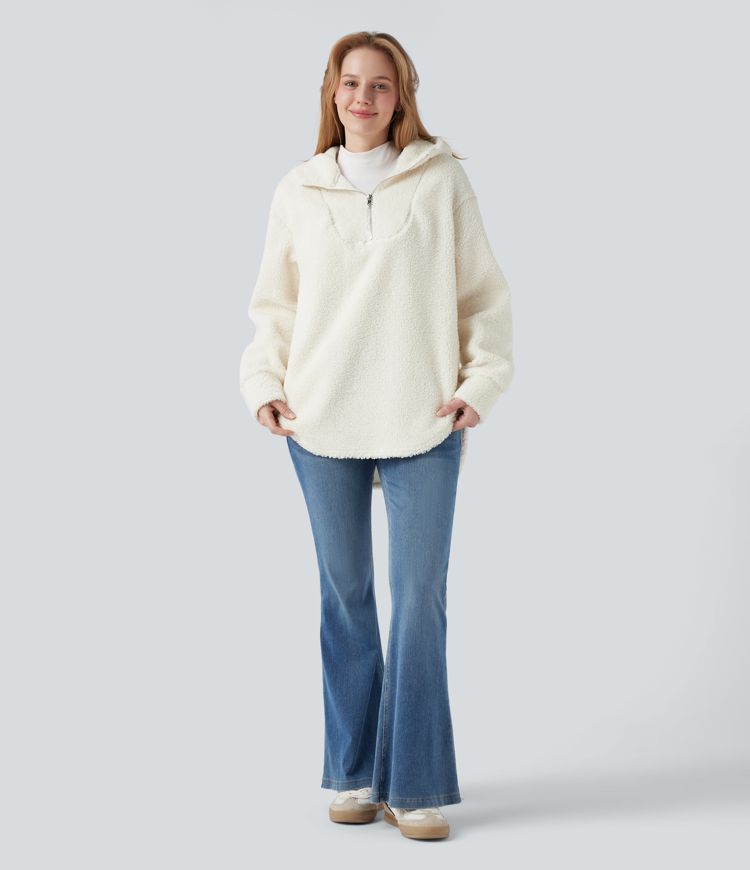 Sherpa oversized sweatshirt with hood and half zip with rounded hem and pockets