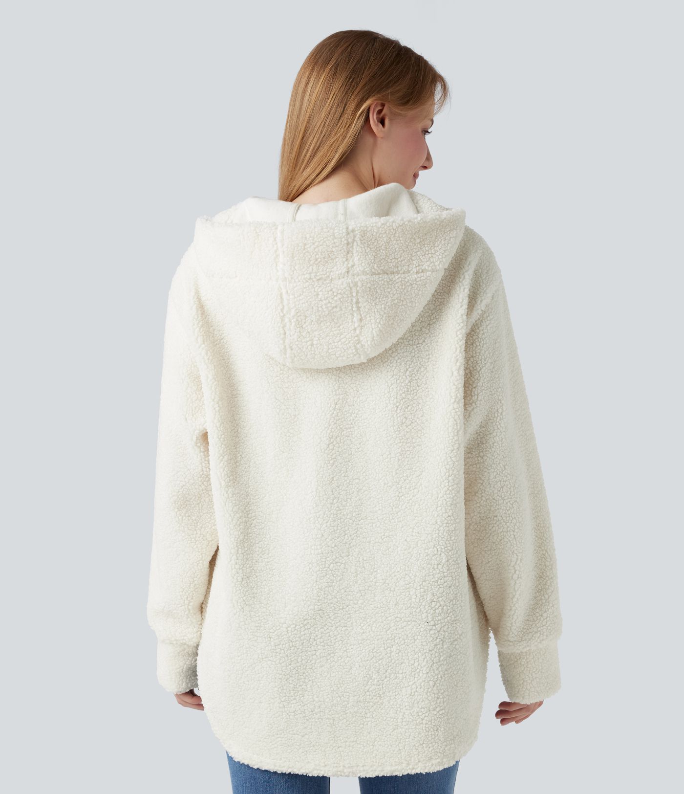Sherpa oversized sweatshirt with hood and half zip with rounded hem and pockets