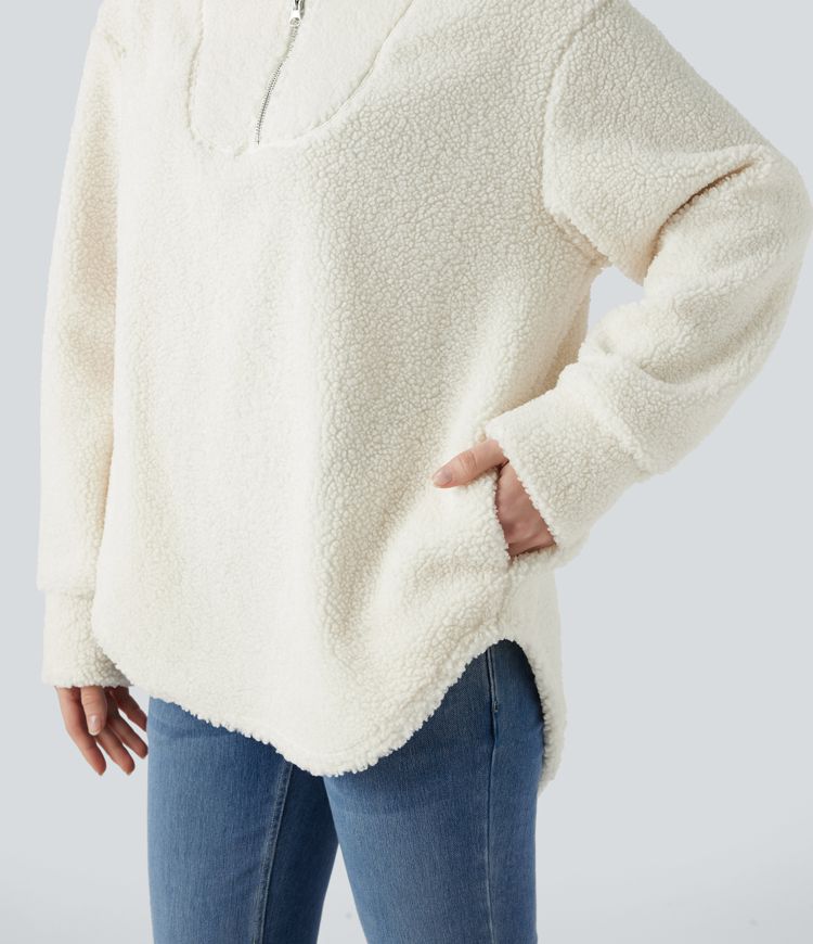 Sherpa oversized sweatshirt with hood and half zip with rounded hem and pockets