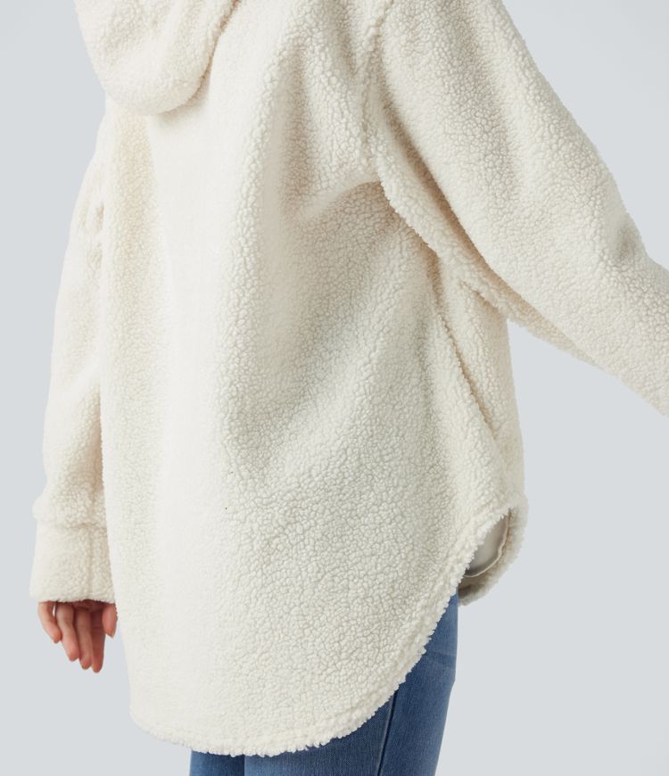 Sherpa oversized sweatshirt with hood and half zip with rounded hem and pockets