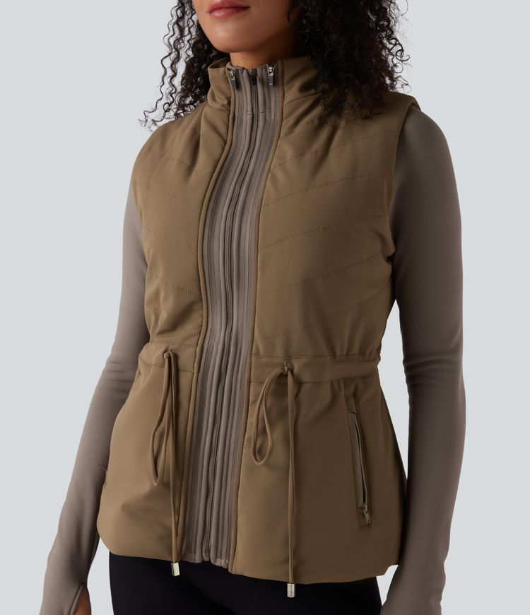 3-in-1 High-Neck Long Sleeve Thumb Holes Fleece Jacket &Quilted Vest with Pockets