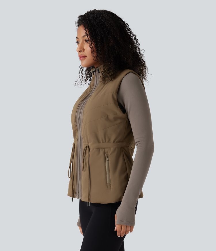 3-in-1 High-Neck Long Sleeve Thumb Holes Fleece Jacket &Quilted Vest with Pockets