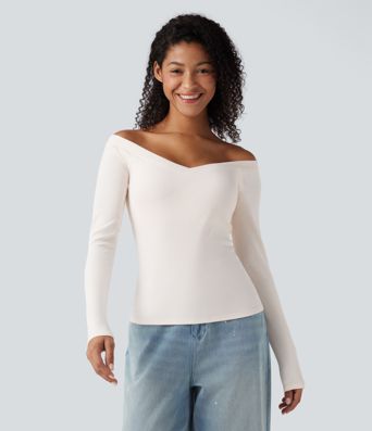 Ribbed Knit Off Shoulder Push-Up Long Sleeve Casual Top A/B Cup