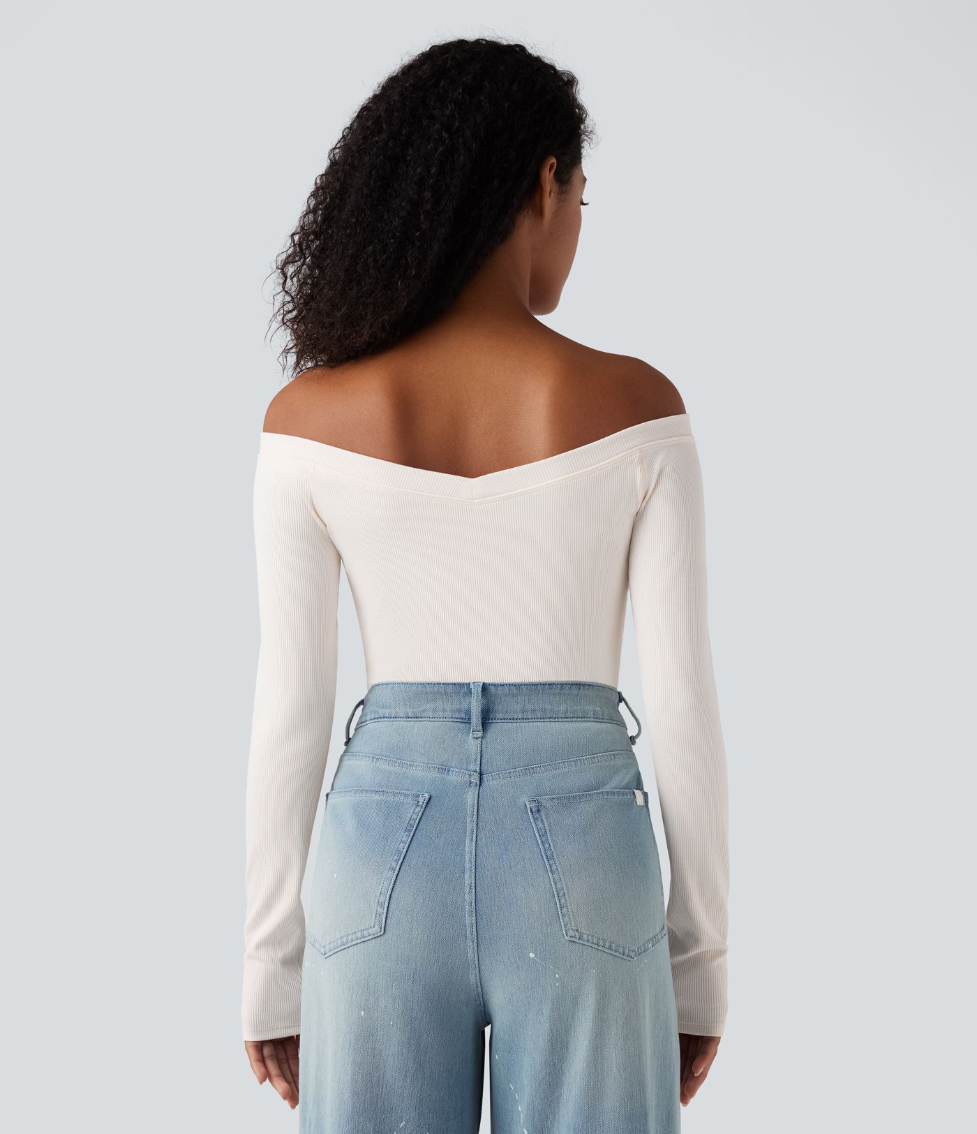 Ribbed Knit Off Shoulder Push-Up Long Sleeve Casual Top A/B Cup