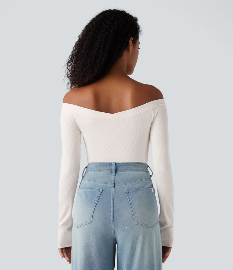 Ribbed Knit Off Shoulder Push-Up Long Sleeve Casual Top A/B Cup