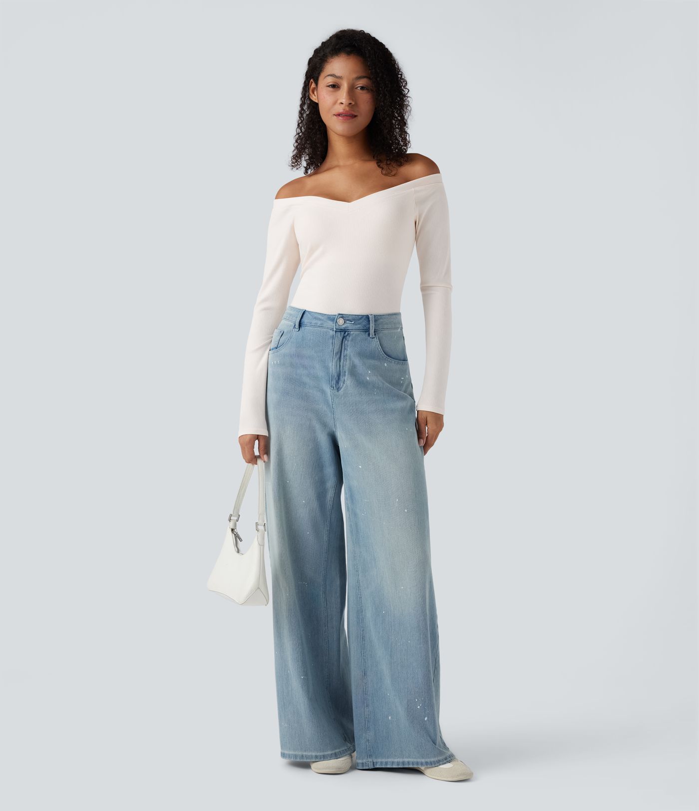 Ribbed Knit Off Shoulder Push-Up Long Sleeve Casual Top A/B Cup