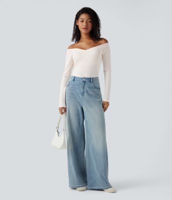 Ribbed Knit Off Shoulder Push-Up Long Sleeve Casual Top A/B Cup