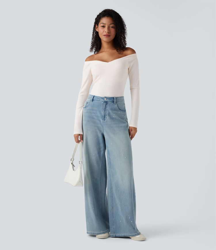 Ribbed Knit Off Shoulder Push-Up Long Sleeve Casual Top A/B Cup