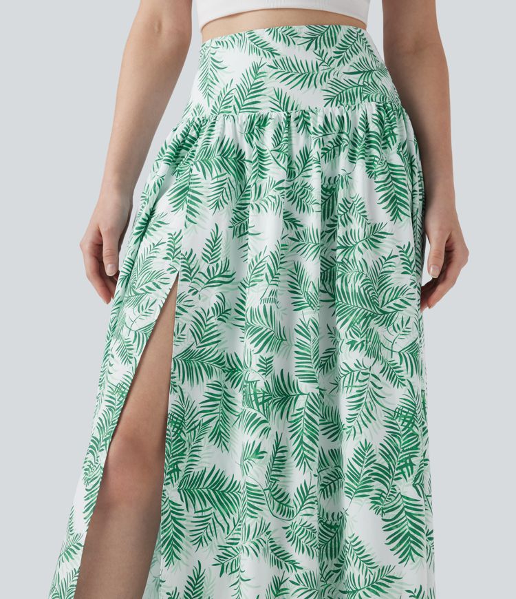 High Waisted 2-in-1 Floral Print Flowy Maxi Skirt