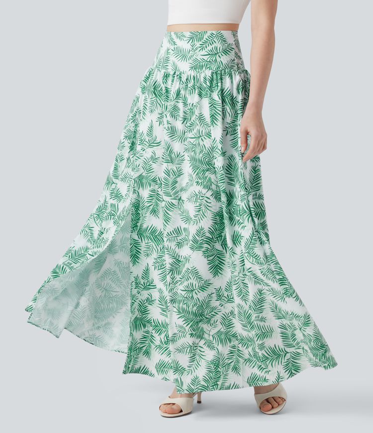 High Waisted 2-in-1 Floral Print Flowy Maxi Skirt