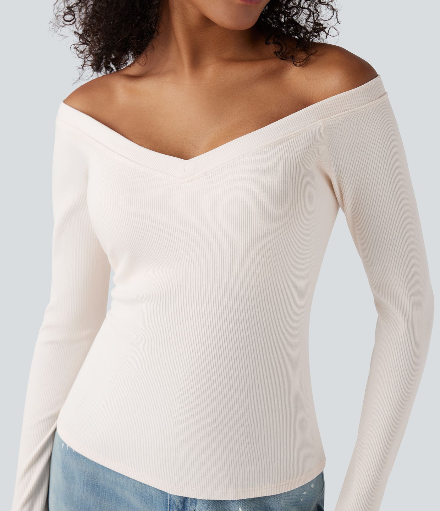 Ribbed Knit Off Shoulder Push-Up Long Sleeve Casual Top A/B Cup