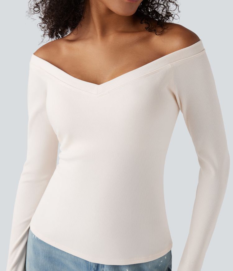 Ribbed Knit Off Shoulder Push-Up Long Sleeve Casual Top A/B Cup