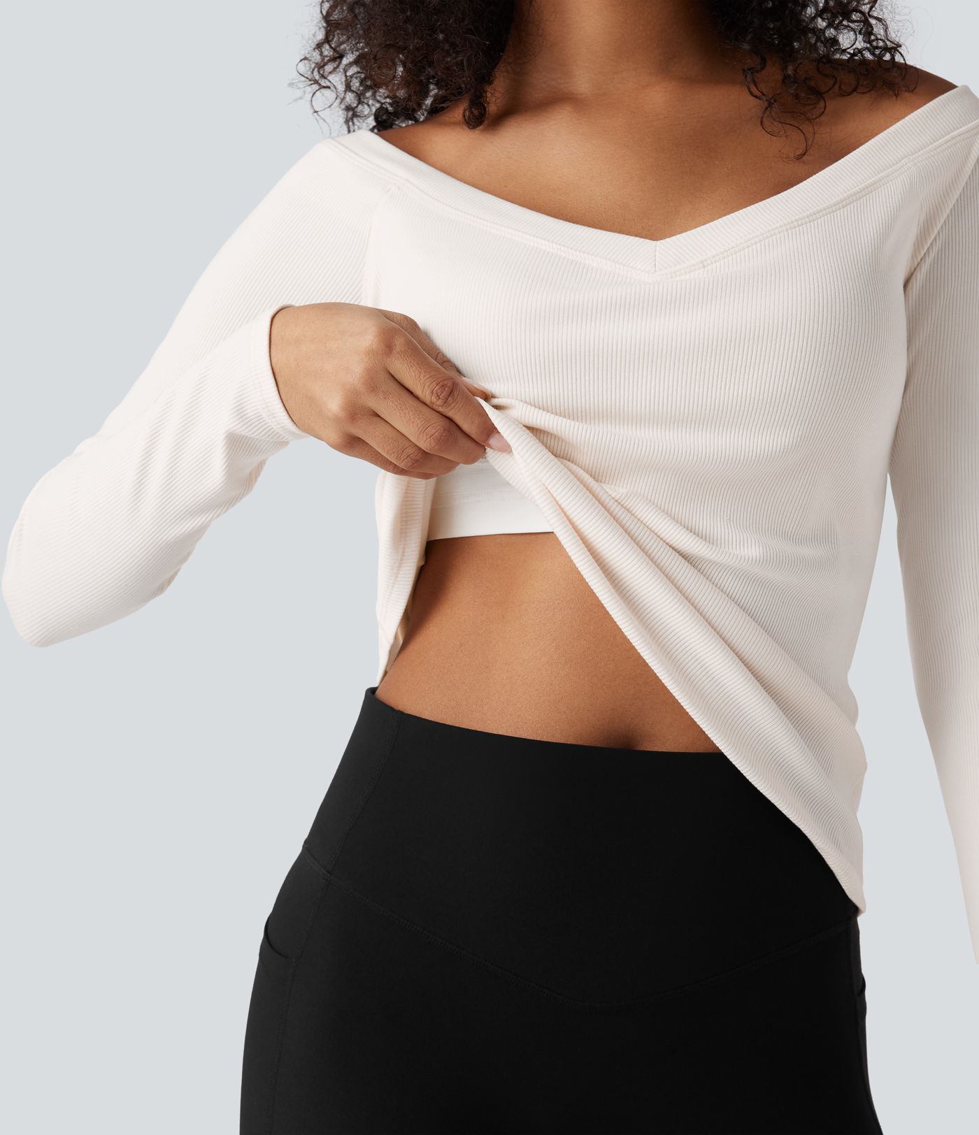 Ribbed Knit Off Shoulder Push-Up Long Sleeve Casual Top A/B Cup