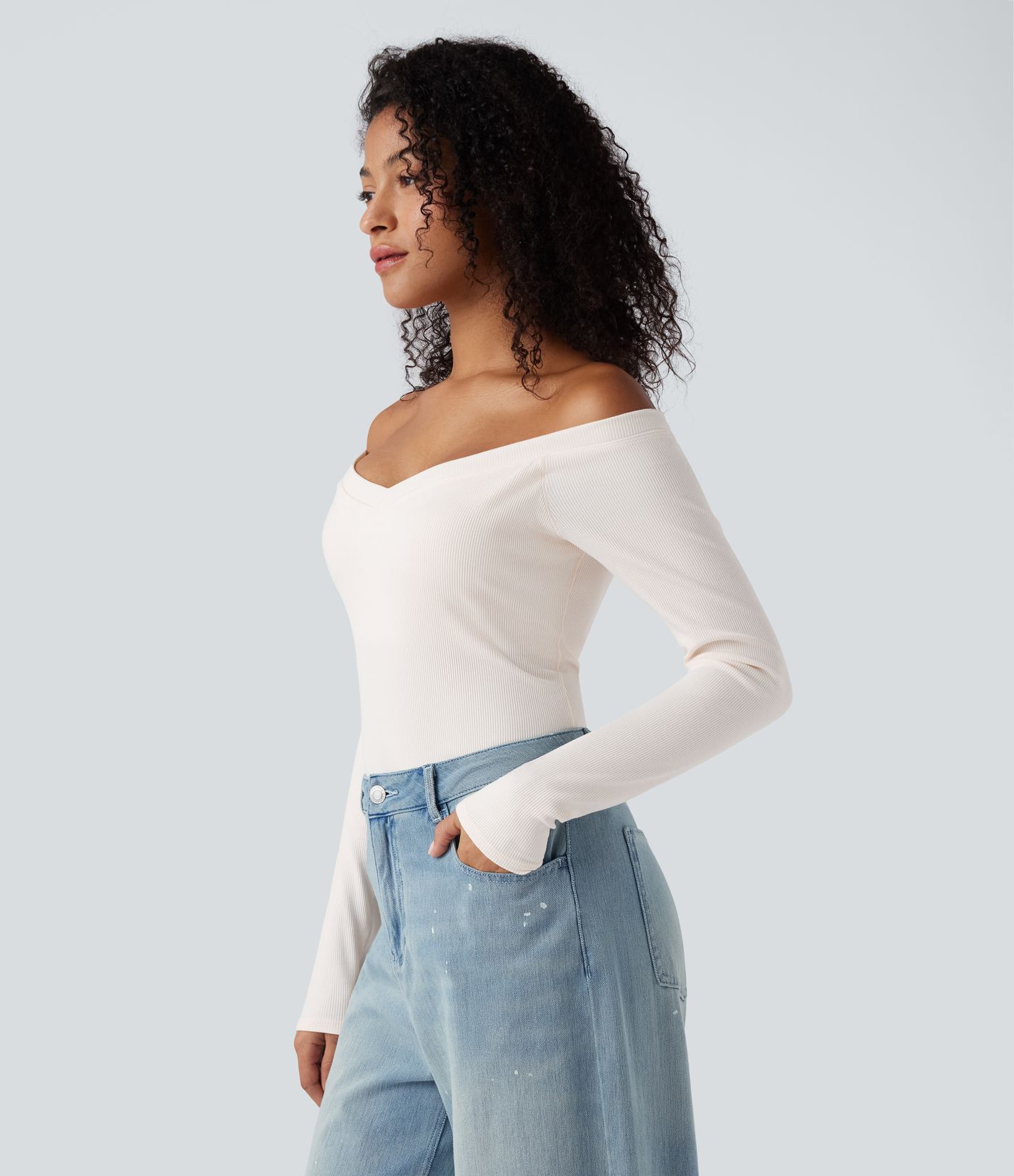 Ribbed Knit Off Shoulder Push-Up Long Sleeve Casual Top A/B Cup