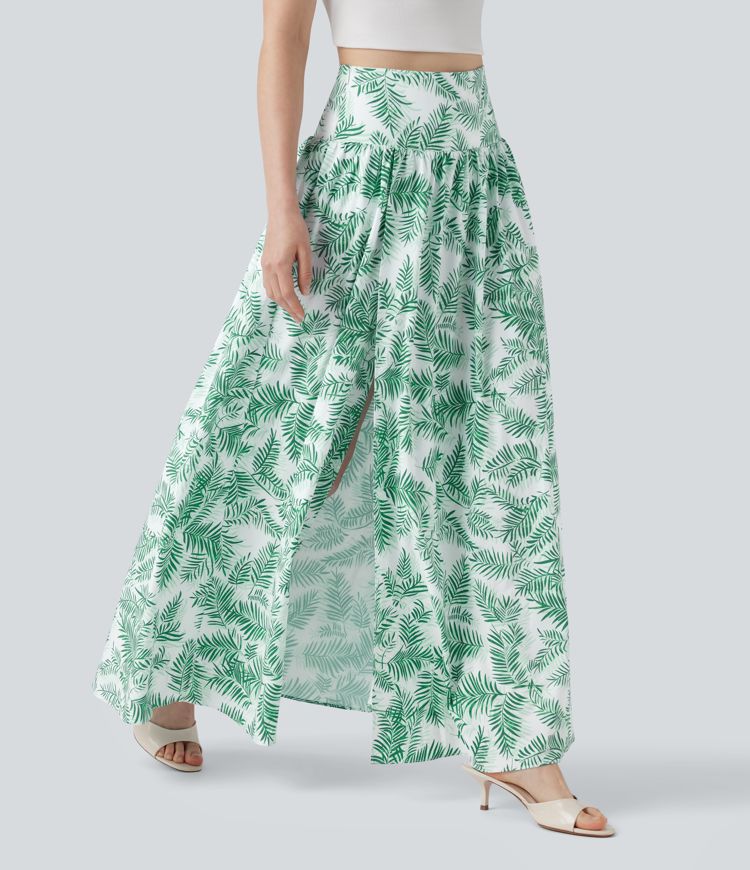 High Waisted 2-in-1 Floral Print Flowy Maxi Skirt