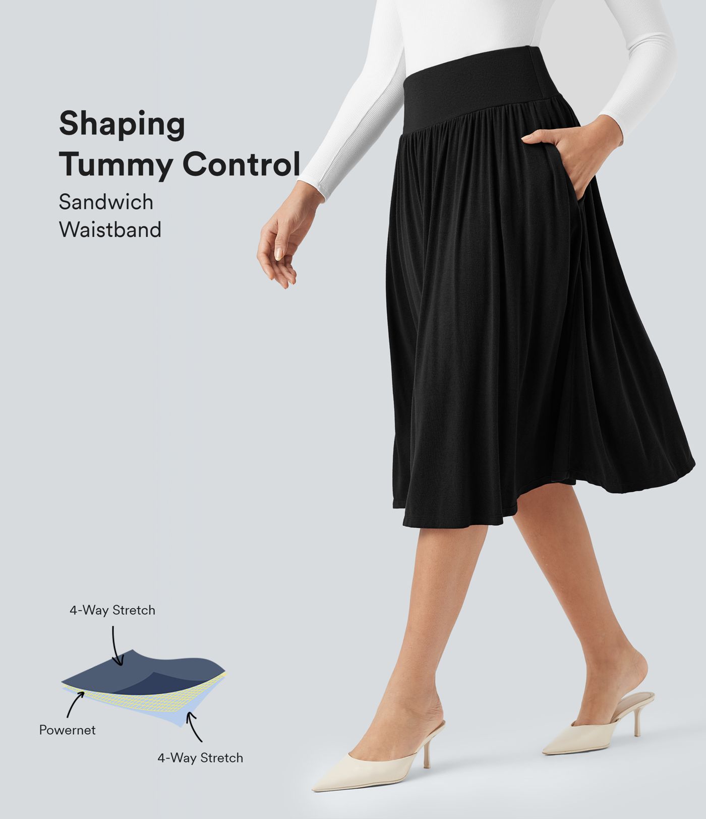 Lässiger, fließender Midirock mit hohem Bund, Seitentaschen und Bauchkontrolle