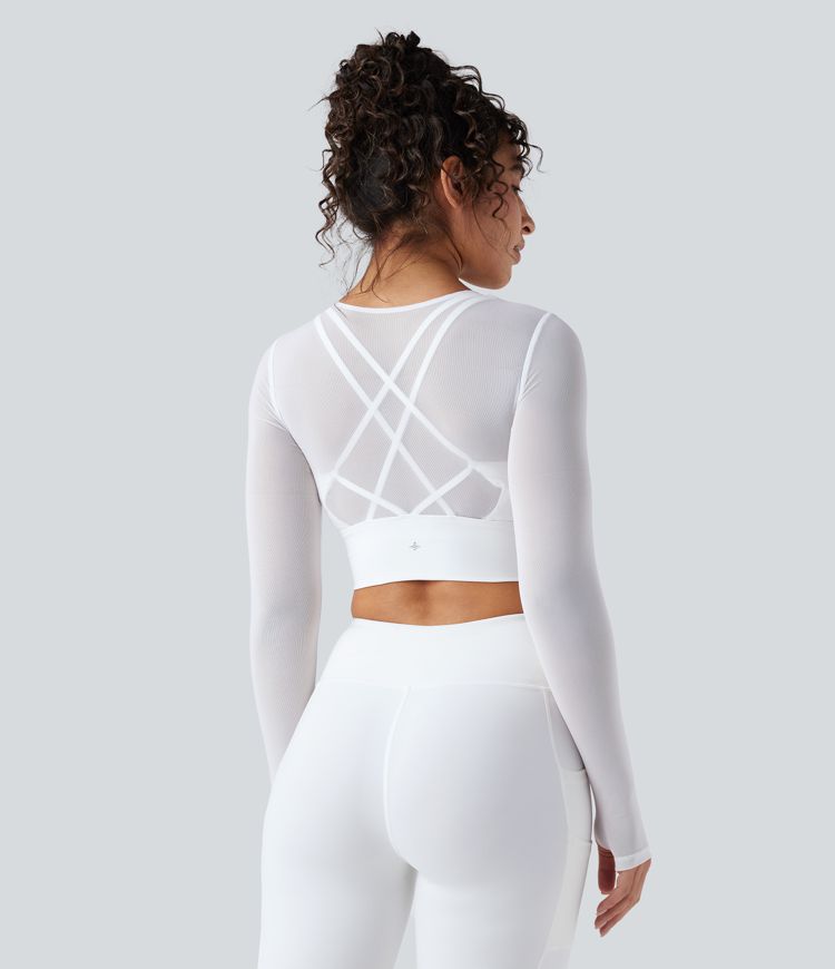 Contrast Mesh Long Sleeve Thumb Hole 2-in-1 Cropped Yoga Sports Top