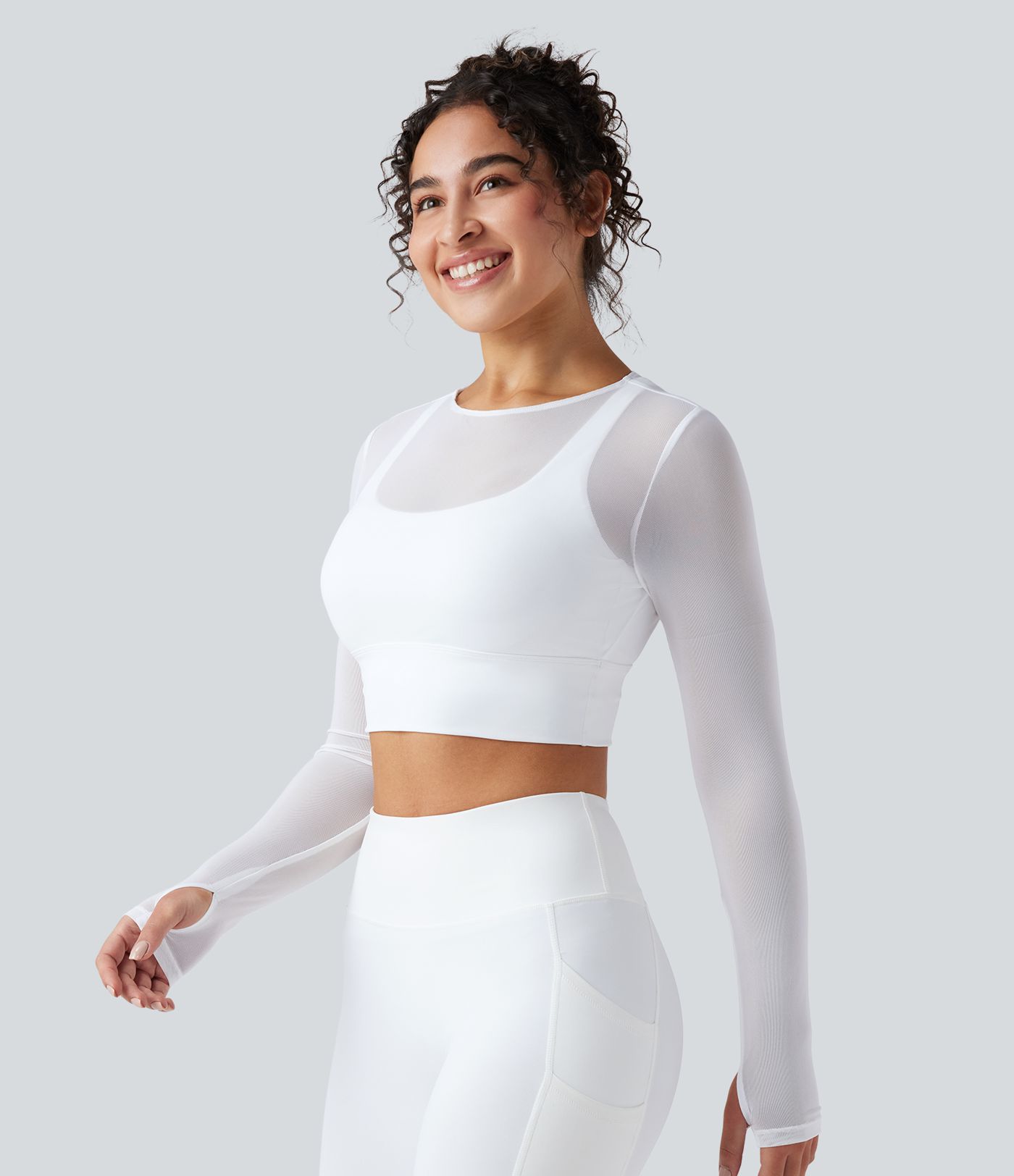 Contrast Mesh Long Sleeve Thumb Hole 2-in-1 Cropped Yoga Sports Top