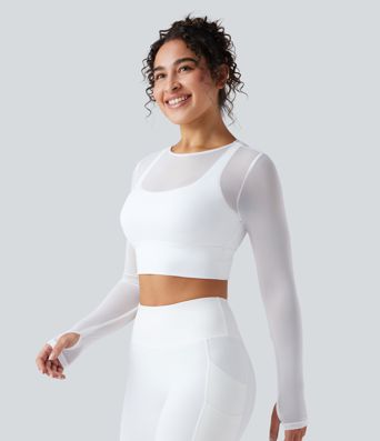 Contrast Mesh Long Sleeve Thumb Hole 2-in-1 Cropped Yoga Sports Top