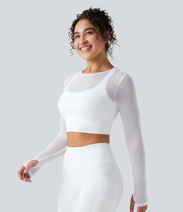 Contrast Mesh Long Sleeve Thumb Hole 2-in-1 Cropped Yoga Sports Top