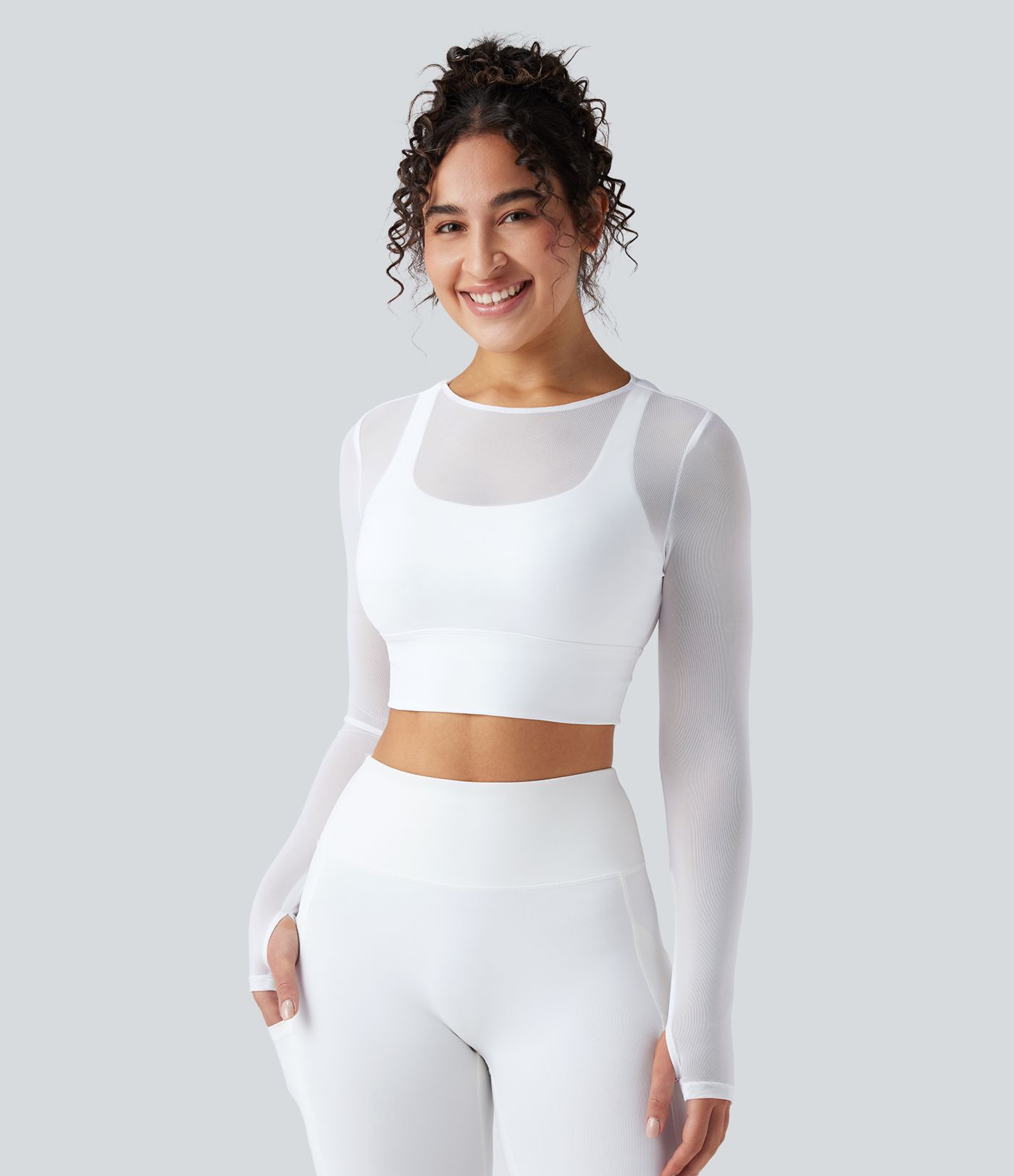 Contrast Mesh Long Sleeve Thumb Hole 2-in-1 Cropped Yoga Sports Top