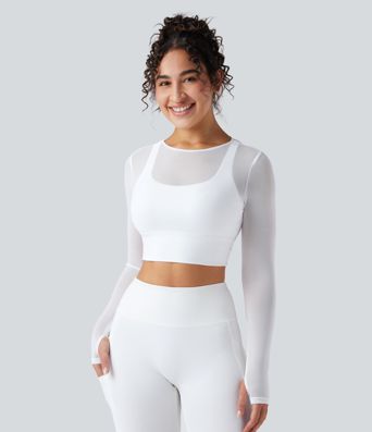 Contrast Mesh Long Sleeve Thumb Hole 2-in-1 Cropped Yoga Sports Top