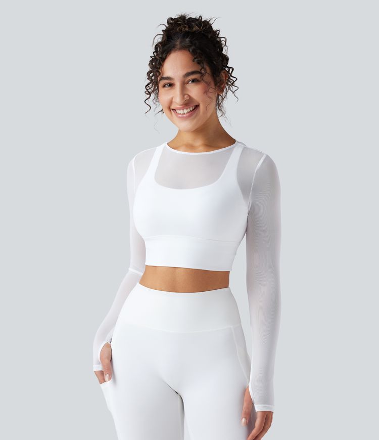 Contrast Mesh Long Sleeve Thumb Hole 2-in-1 Cropped Yoga Sports Top