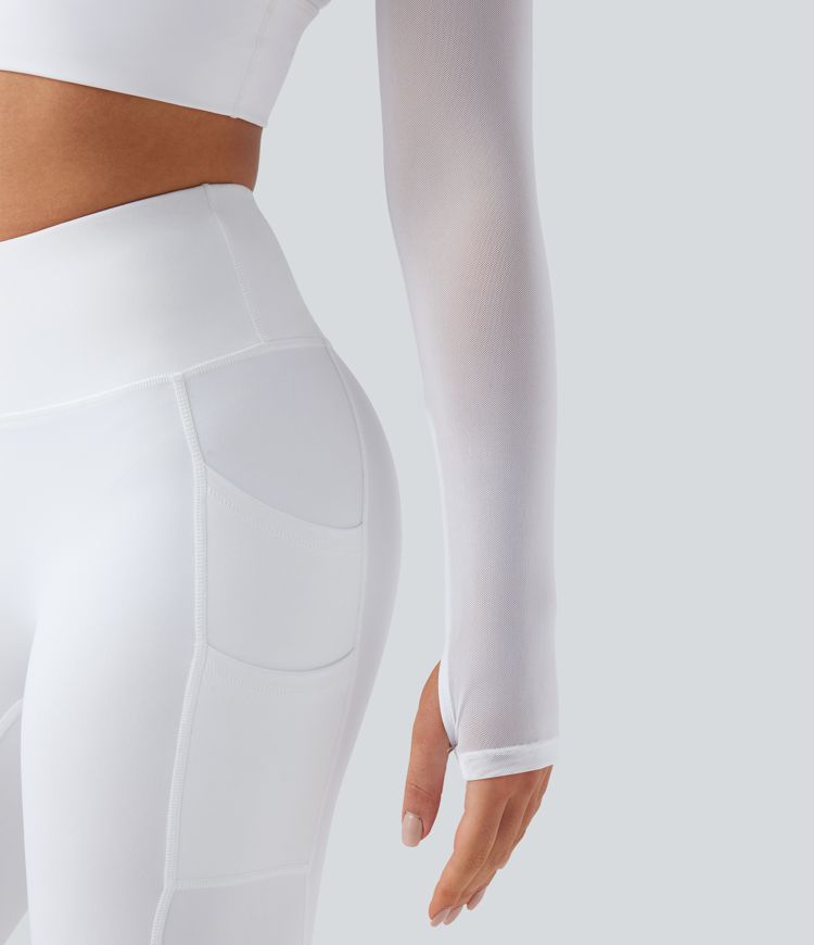 Contrast Mesh Long Sleeve Thumb Hole 2-in-1 Cropped Yoga Sports Top