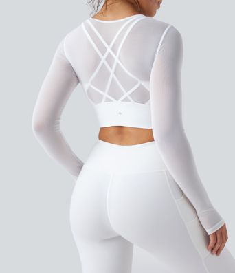Contrast Mesh Long Sleeve Thumb Hole 2-in-1 Cropped Yoga Sports Top
