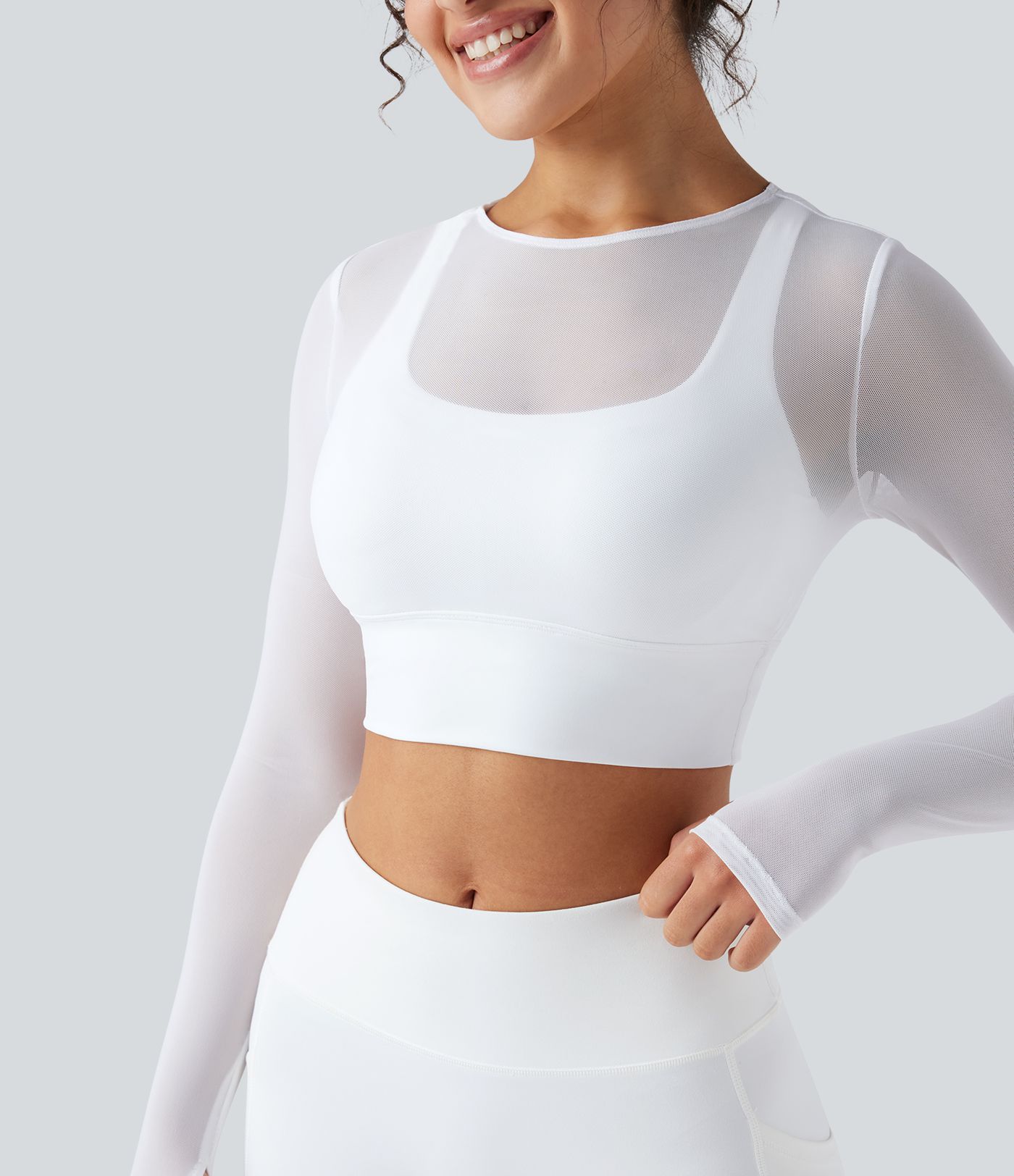 Contrast Mesh Long Sleeve Thumb Hole 2-in-1 Cropped Yoga Sports Top