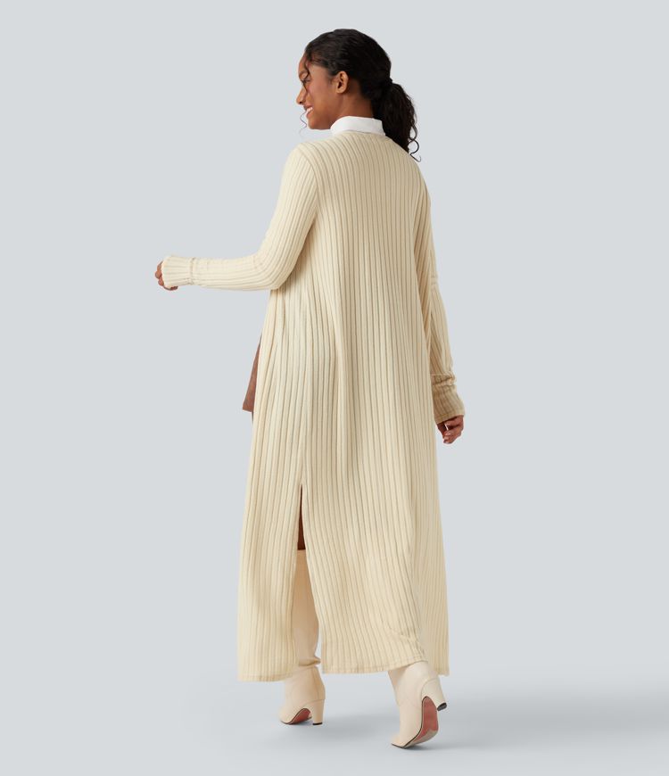 Manteau long décontracté maille côtelée manches longues avec fente