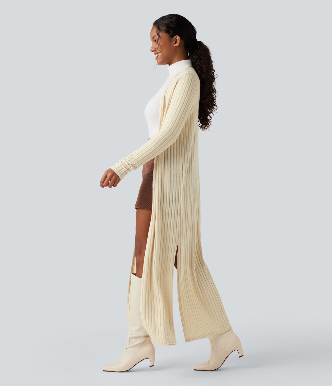 Manteau long décontracté maille côtelée manches longues avec fente