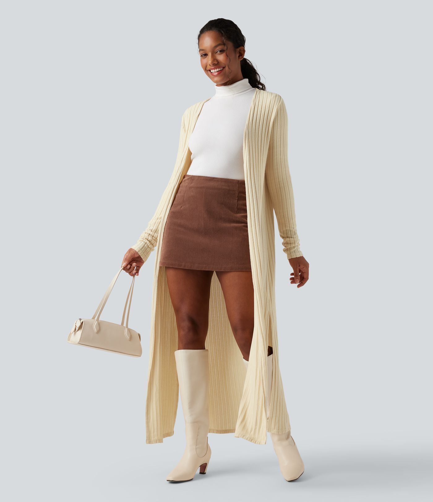 Manteau long décontracté maille côtelée manches longues avec fente