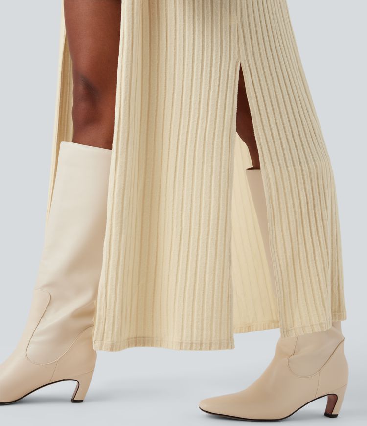 Manteau long décontracté maille côtelée manches longues avec fente