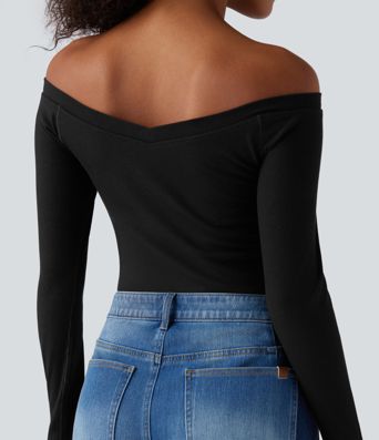 Ribbed Knit Off Shoulder Push-Up Long Sleeve Casual Top A/B Cup