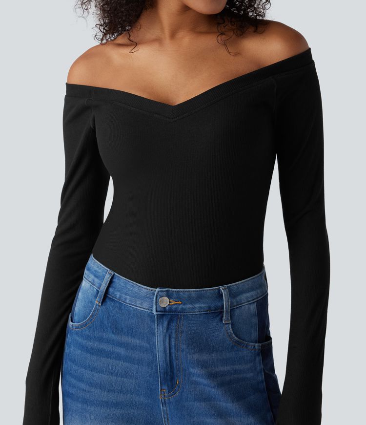 Ribbed Knit Off Shoulder Push-Up Long Sleeve Casual Top A/B Cup