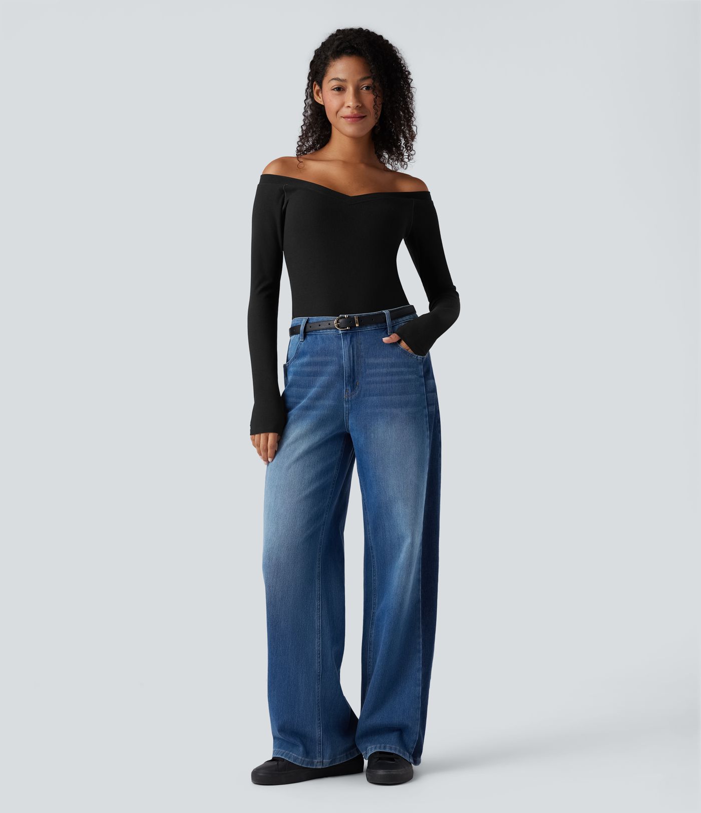 Ribbed Knit Off Shoulder Push-Up Long Sleeve Casual Top A/B Cup