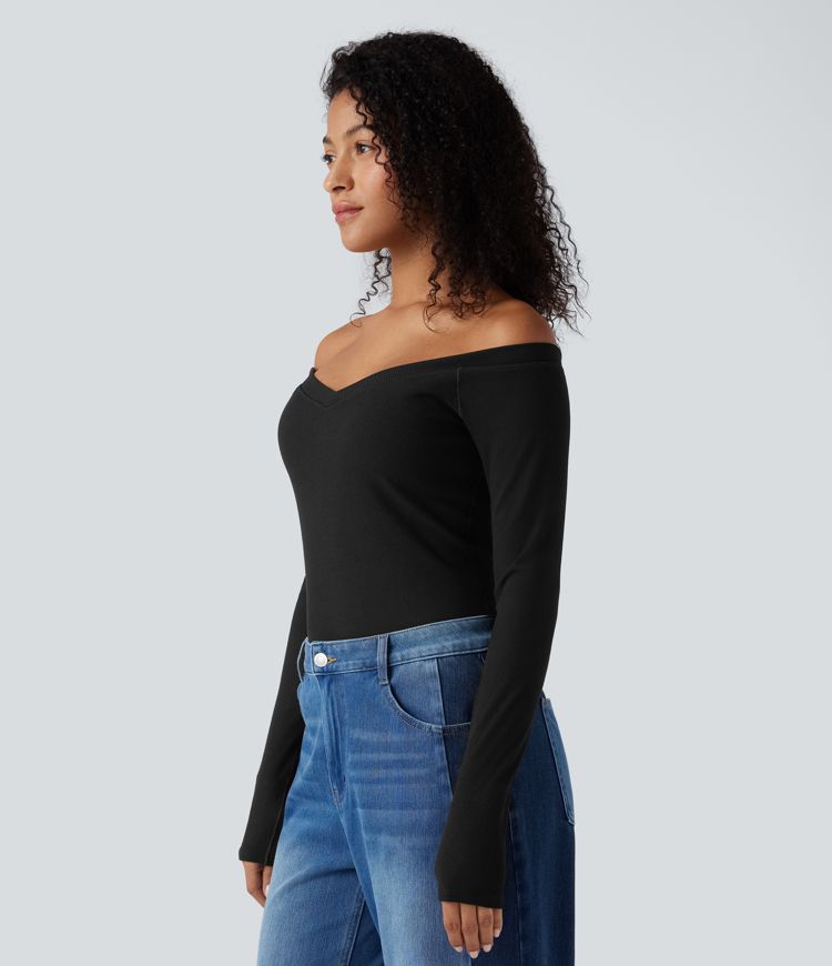 Ribbed Knit Off Shoulder Push-Up Long Sleeve Casual Top A/B Cup