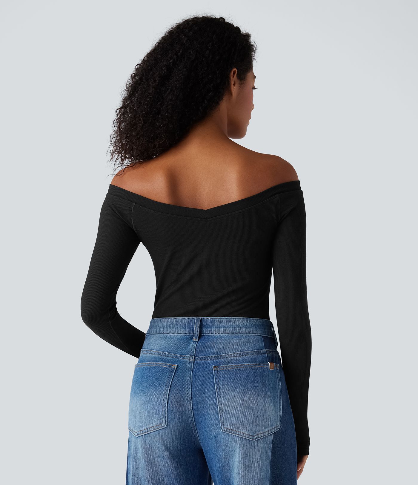 Ribbed Knit Off Shoulder Push-Up Long Sleeve Casual Top A/B Cup