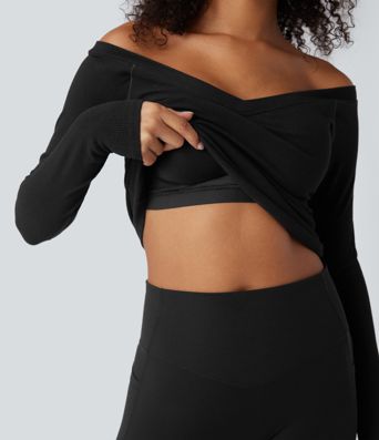 Ribbed Knit Off Shoulder Push-Up Long Sleeve Casual Top A/B Cup