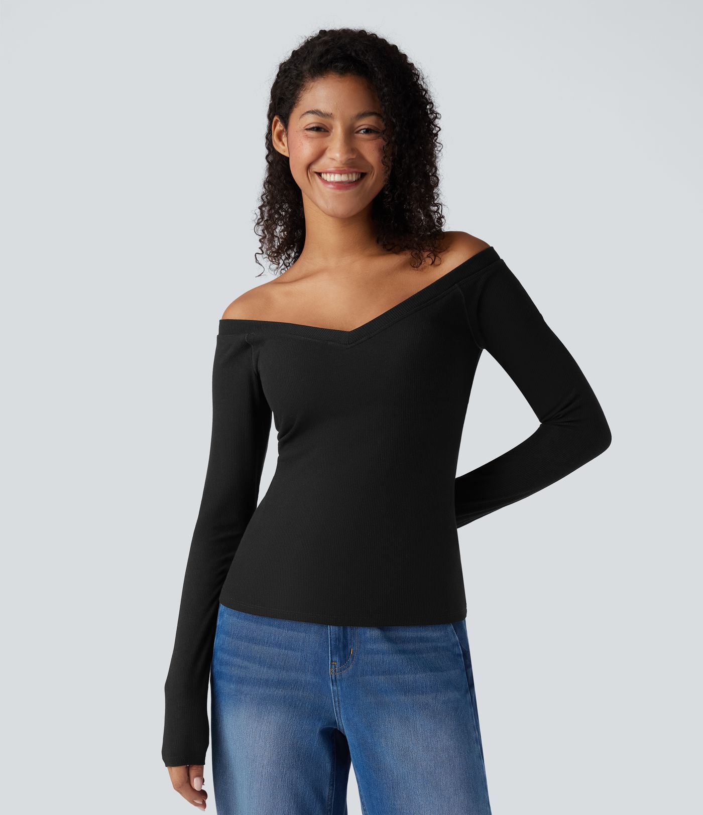 Ribbed Knit Off Shoulder Push-Up Long Sleeve Casual Top A/B Cup