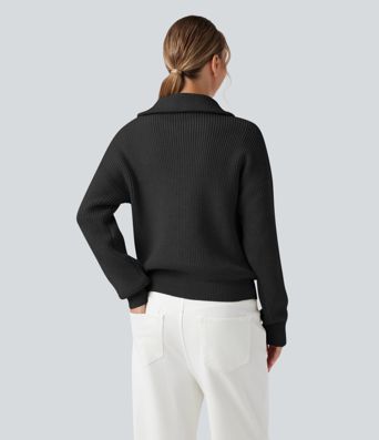 Lapel Half Zipper Long Sleeve Casual Jumper