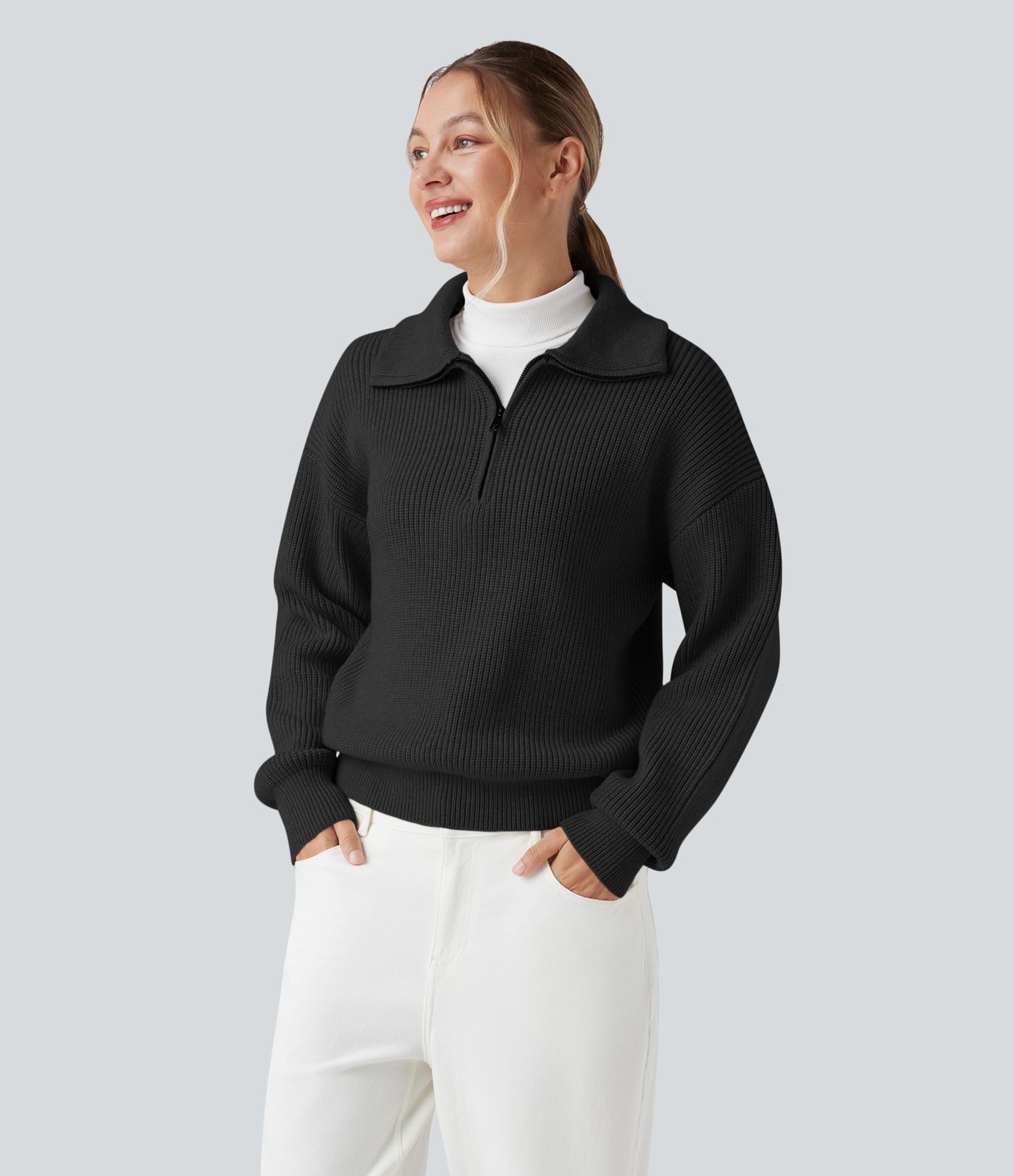 Lapel Half Zipper Long Sleeve Casual Jumper